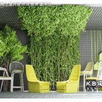 绿藤植物墙与现代休闲椅子植物组合模型
