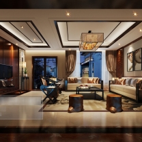 中式风格客厅沙发茶几组合整体3D模型-编号5647